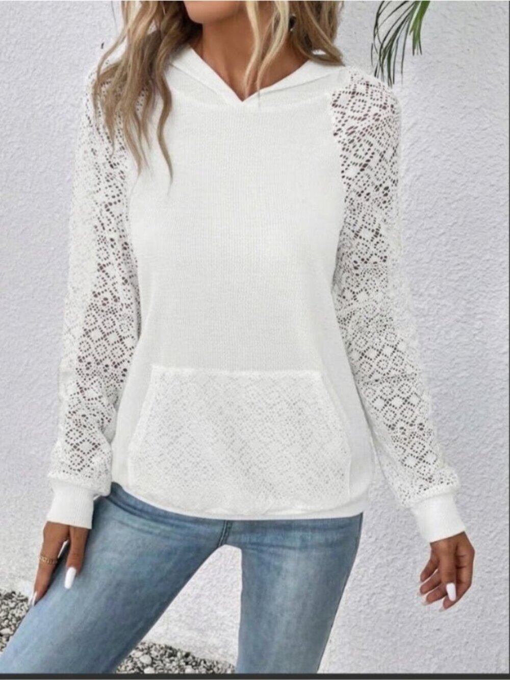 White Lace Raglan Sleeve Kangaroo Pocket Hoodie